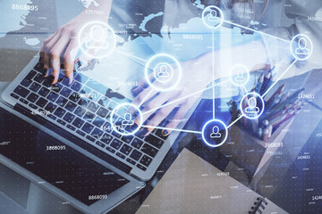 Poster - Double exposure of woman hands typing on computer and social network theme hologram drawing. People media concept.