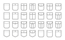 Set Of Patch Pocket Icons For Shirts And Other Clothing. Isolated Line Vector Illustration On White Background
