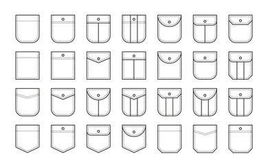 set of patch pocket icons for shirts and other clothing. isolated line vector illustration on white 