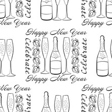 Champagne And Strawberry Celebrate Happy New Year Text Vector Seamless Pattern Background. Script Lettering, Fizzing Glasses,bottles Strawberries Black White Backdrop. Line Art Sparkling Party Repeat.
