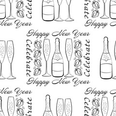 Wall Mural - Champagne and strawberry celebrate Happy New Year text vector seamless pattern background. Script lettering, fizzing glasses,bottles strawberries black white backdrop. Line art sparkling party repeat.