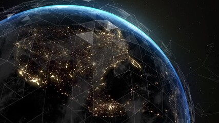 Wall Mural - Digital data grid around the planet. Earth, covered grid with thin lines and connection dots. Global social network. Business and technology concept.