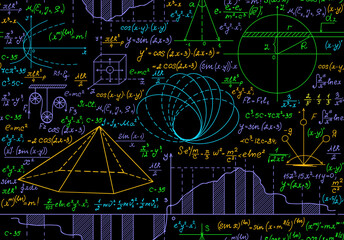 Wall Mural - Scientific educational vector seamless pattern with handwritten multicolored math and physics formulas, calculations, equations