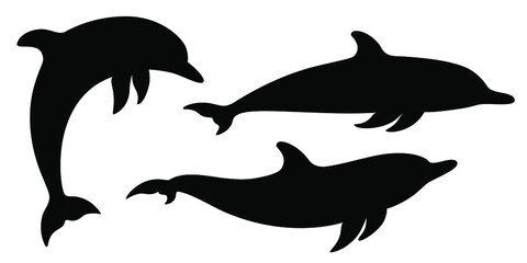 Dolphins graphic icons set. Signs swimming dolphins isolated on white background. Sea life symbols. Vector illustration