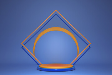 Poster - 3d render, abstract blue background. Blank poster mockup.Shop product display, showcase stand, empty podium, vacant pedestal, round stage. Blue and orange