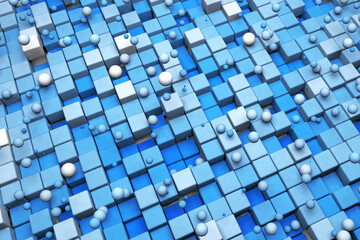 Poster - 3D abstract background of blue squares and circles. Geometric shapes objects wallpaper.White and pastel blue digital illustration