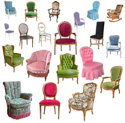 Wall Mural - Gorgeous vintage armchairs isolated on white background. Chairs with black, red and white upholstery