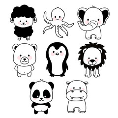 Cute black and white animals set icon