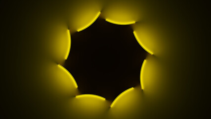 Poster - Circle with inner yellow light split to parts and transfrom to outer glow. Abstract seamless loop animation. 3D render of neon illuminating surfaces motion background.