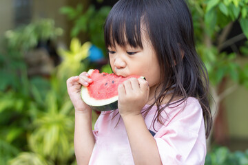 Wall Mural - Portrait​ image​ of​ 2-3 yeas​ old​ of​ baby.​ Happy​ Asian child girl eating and biting a piece of watermelon. Enjoy eating moment. Healthy food and kid concept.​ Sucking fingers in the mouth.