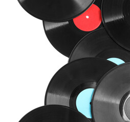 Vintage vinyl records on white background, top view