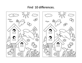 Wall Mural - Find 10 differences visual puzzle and coloring page with birdhouses and birds feeding their nestlings
