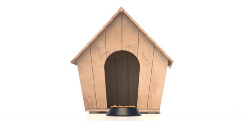 Dog house and dry food bowl isolated on white background, wooden shelter for pet home. 3d illustration