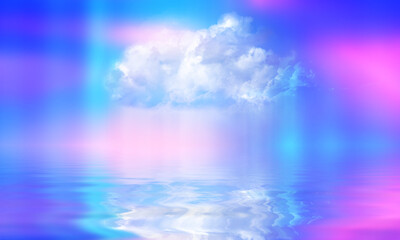 glowing neon shapes passing through the cloud against the blue sky. reflection on the water. seascap