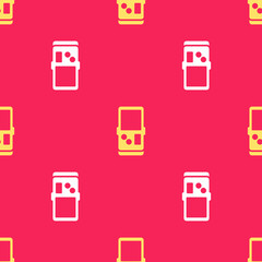 Poster - Yellow Portable tetris electronic game icon isolated seamless pattern on red background. Vintage style pocket brick game. Interactive playing device. Vector