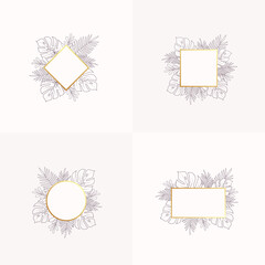 Wall Mural - Monstera and Fern Tropical Leaves Blank Banners or Label Templates Collection. Abstract Foliage with Round and Square Golden Frames Set. Good for Wedding or Party Invitation, etc. Isolated