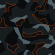 Urban night camouflage seamless pattern with polygonal shapes and orange outlines. 