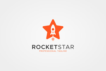 Poster - Rocket Star Logo. Orange Rounded Shape Five Star with Negative Space Rocket inside isolated on Gray Background. Usable for Business and Technology Logos. Flat Vector Logo Design Template Element.