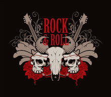 Music Banner With Skull Of Horned Animal And Human Skulls, Guitars, Wings, Red Roses, Drips Of Blood And Inscription Rock And Roll On Black Background. Vector Illustration For T-shirt In Modern Style
