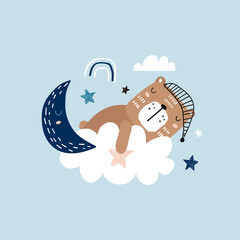 Wall Mural - Sleeping cute bear on a cloud. Childishsweet dream with bear illustration. Perfectly look on t-shirt, poster, nursery decoration, apparel design. Kids Vector Illustration