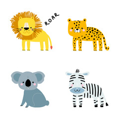 Wall Mural - Set of cute cartoon animals. Koala, zebra, cheetah, lion characters. Ready.print for nursery,apparel,cards. Vector Illustration