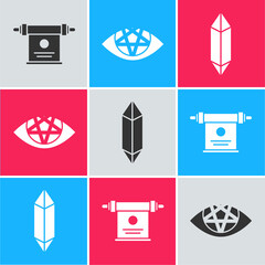 Poster - Set Magic scroll, Pentagram and Magic stone icon. Vector