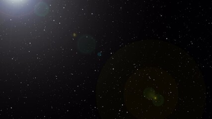 Wall Mural - beautiful light star shimmering particles with light lens flare on black sky background in rotation 