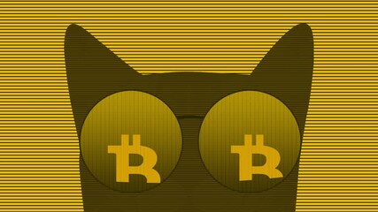 Poster - Bitcoin Symbol Animation in the Cat Glasses. Abstract 4K Seamless Crypto Animation modern concept