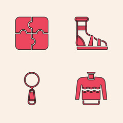 Poster - Set Sweater, Piece of puzzle, Slippers with socks and Magnifying glass icon. Vector