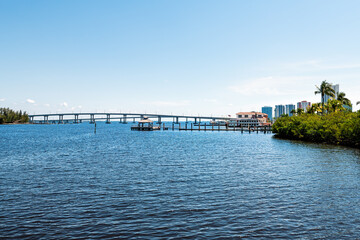 Wall Mural - Bridges in marina harbor dock on Caloosahatchee River in Fort Myers, Florida gulf of mexico coast with pier wharf gazebo pavilion