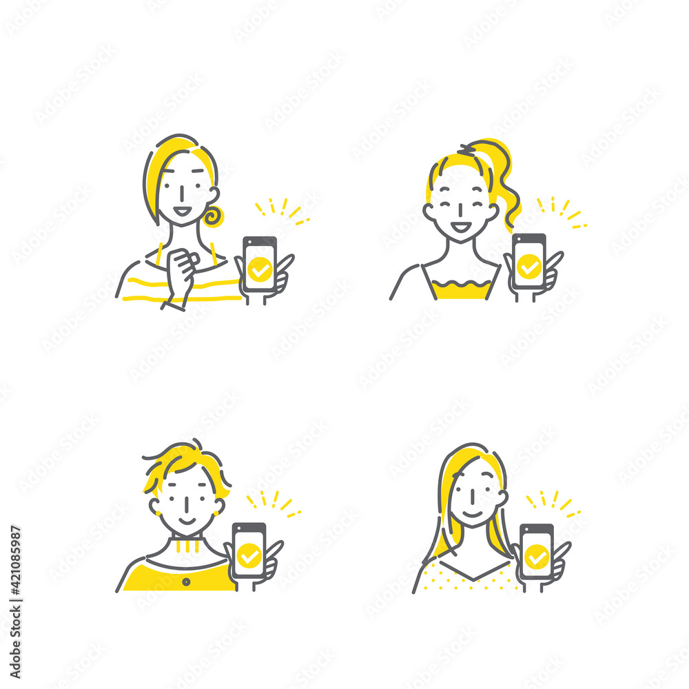 笑顔でスマホを見せる女性のシンプルでおしゃれな線画イラストセット Fototapety 笑顔でスマホを見せる女性のシンプルでおしゃれな線画イラストセット Fototapety
