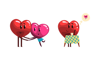 Poster - Cute Humanized Heart Character Holding Hands and Dreaming of Its Best Half Vector Set