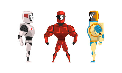 Sticker - Robot Superhero Figures in Helmet and Armored Costume Vector Set