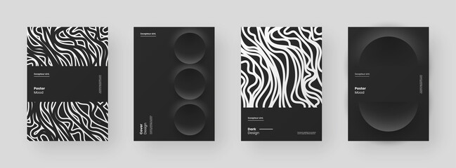 Abstract set Placards, Posters, Flyers, Banner Designs. Black and white illustration on vertical A4 format. 3d geometric shapes and wavy lines. Decorative neumorphism backdrop.