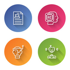 Poster - Set line Technical specification, Humanoid robot, Smart glasses and Disassembled. Color circle button. Vector