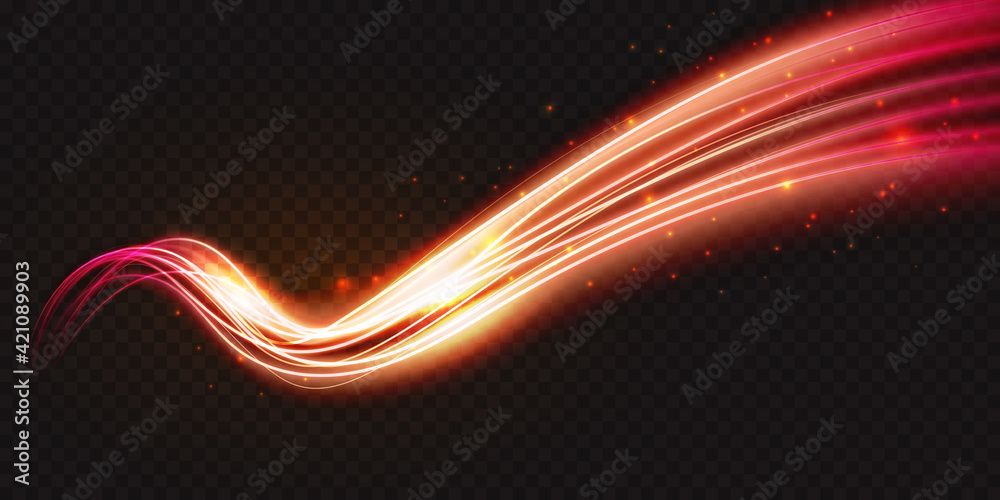 Luminous neon shape wave, abstract light effect vector illustration. Wavy glowing bright flowing curve lines, magic glow energy stream motion with particle isolated on transparent black background. - obrazy, fototapety, plakaty 