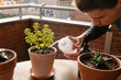 © Edgar - Hombre joven caucásico regando una planta encima de la mesa de la terraza de su casa. Cuidando plantas