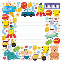  Vector pattern with the collection of toys. Doll, submarine, plane, ship. Children and kindergarten illustration.