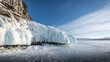 Rocks on Lake Baikal are covered with ice