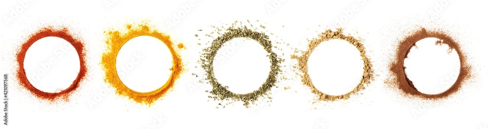 Set red paprika powder, turmeric, oregano, ginger, cinnamon  in shape circle isolated on white background and texture, top view  - obrazy, fototapety, plakaty 