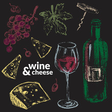 Red Wine Bottle, Corckscrew, Grapes, Vine Leaf, Glass Goblet, Cheese.