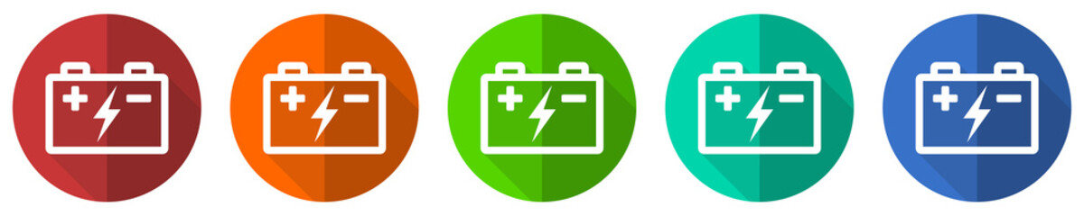 Leinwandbilder - Battery, power storage icon set, flat design vector illustration in 5 colors options for webdesign and mobile applications