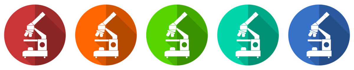 Poster - Microscope, science and research icon set, flat design vector illustration in 5 colors options for webdesign and mobile applications