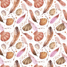 Watercolor Seamless Pattern. Seashore With Shells, Feathers, Twigs. Greeting Card For You, Background, Handmade, Seamless Pattern, Light Background.