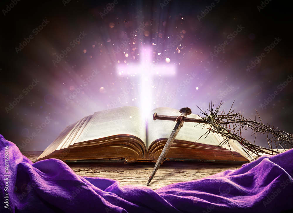 Passion And Resurrection Concept - Holy Bible And Calvary Symbols - obrazy, fototapety, plakaty 