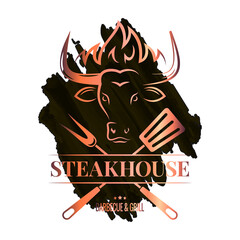 Wall Mural - steak watercolor logo with bull head on dark