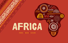 Africa Patterned Map. Banner With Tribal Traditional Grunge Pattern, Elements, Concept Design