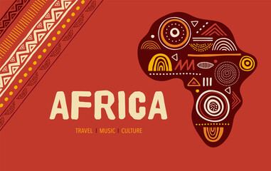 africa patterned map. banner with tribal traditional grunge pattern, elements, concept design