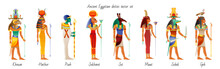 Ancient God Goddess From Egypt Icon Set. Khnum, Hathor, Ptah, Sekhmet, Set, Maat, Sobek, Geb. Egyptian Deity. Old Painting Style With Realistic Cartoon Element. Vector Illustration Isolated On White