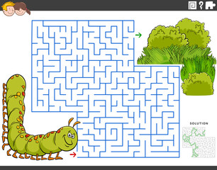 maze educational game with cartoon caterpillar and meadow